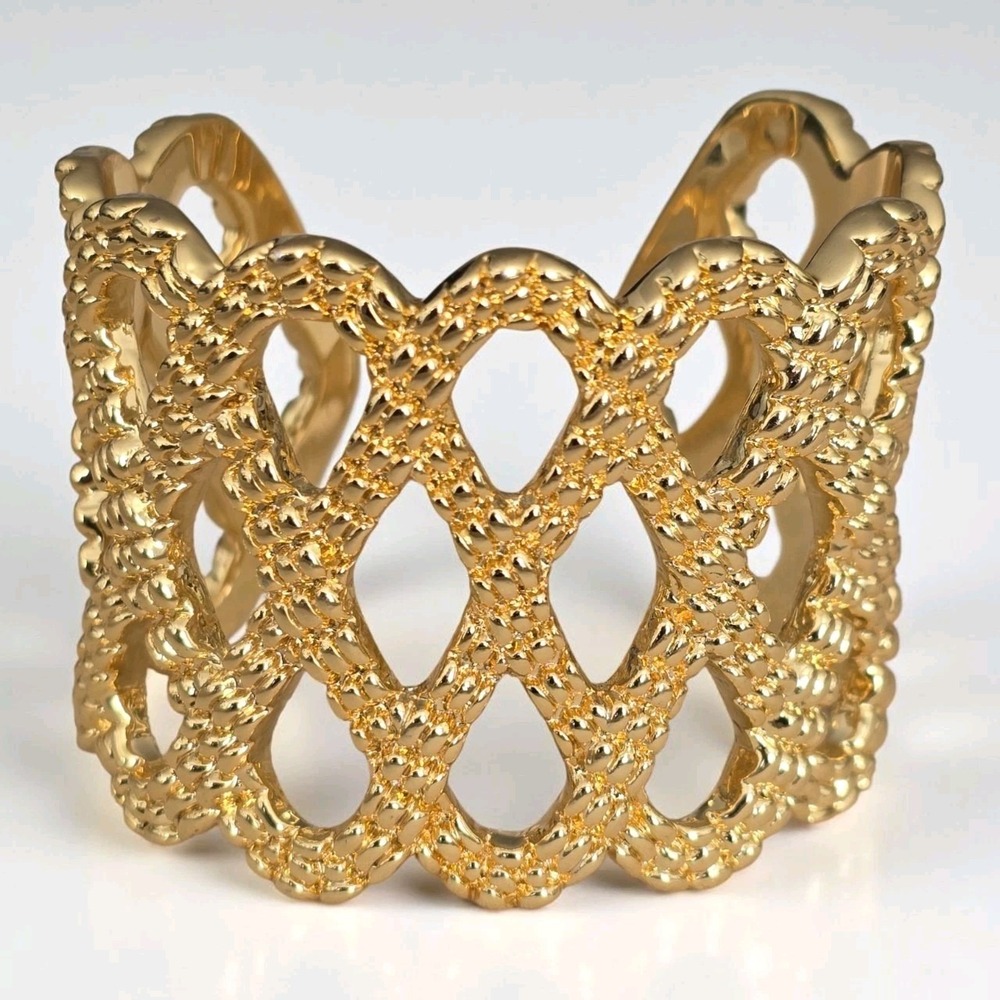 Lilly Pulitzer Gold Tone Wide Cuff Bracelet Textured Lattice Design Statement